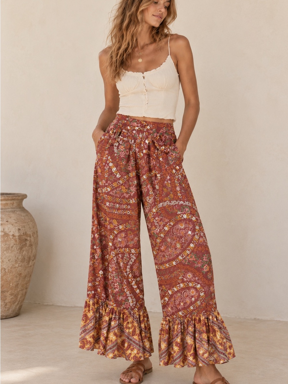 Spell & The Gypsy NWT City Lights Wide Leg Ruffle-Hem Pant in Rust Paisley M